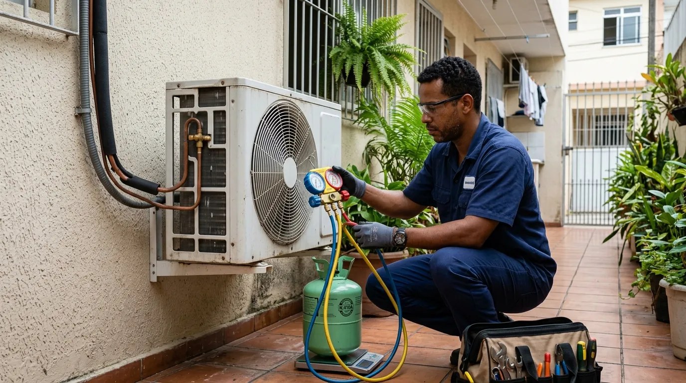 Técnico fazendo carga de gás na condensadora do ar-condicionado em Aracaju‑SE