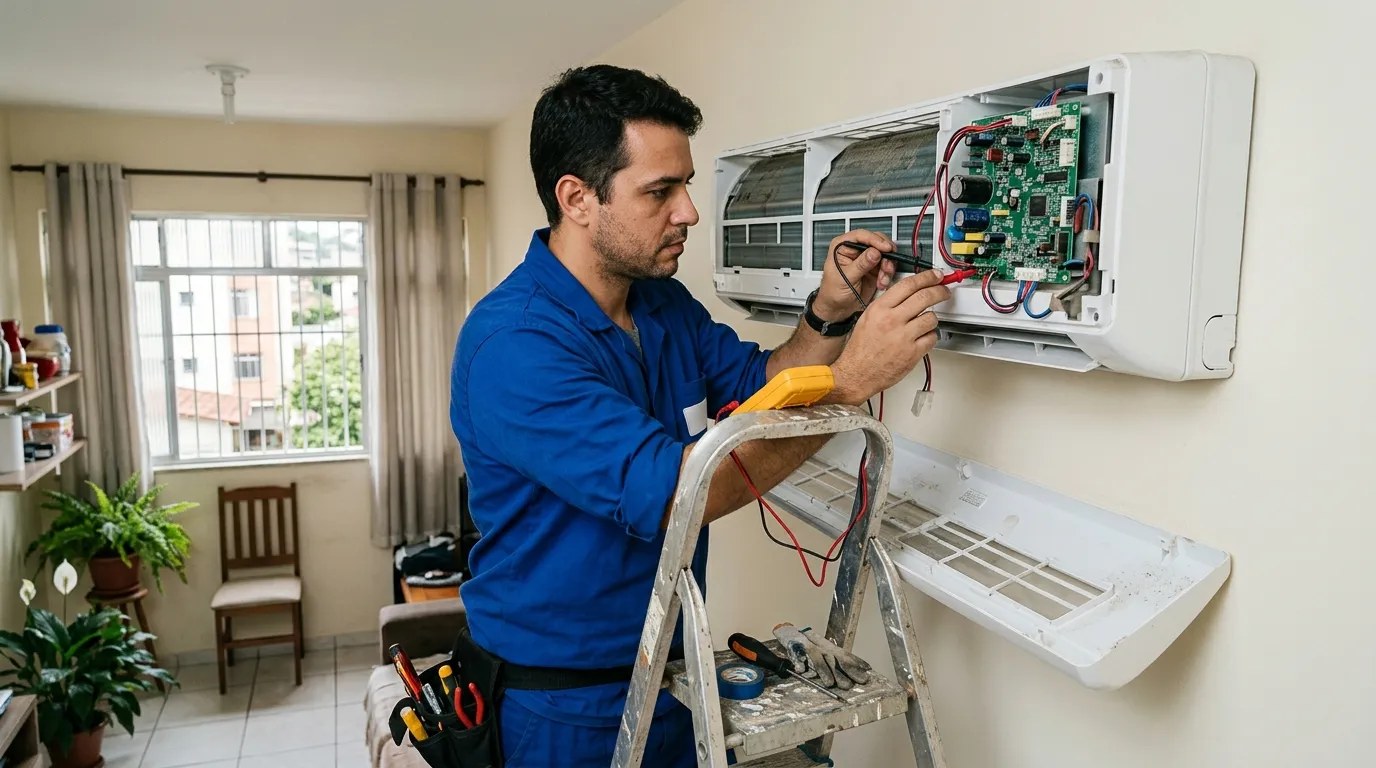 Técnico trocando a placa eletrônica de ar-condicionado split em Aracaju‑SE