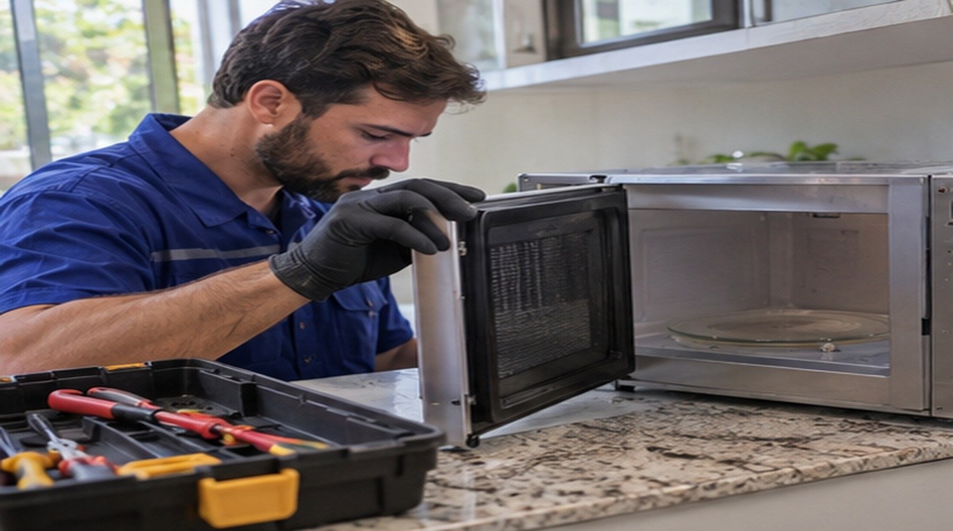 Conserto de micro-ondas em Aracaju‑SE: técnico abrindo um micro-ondas de bancada