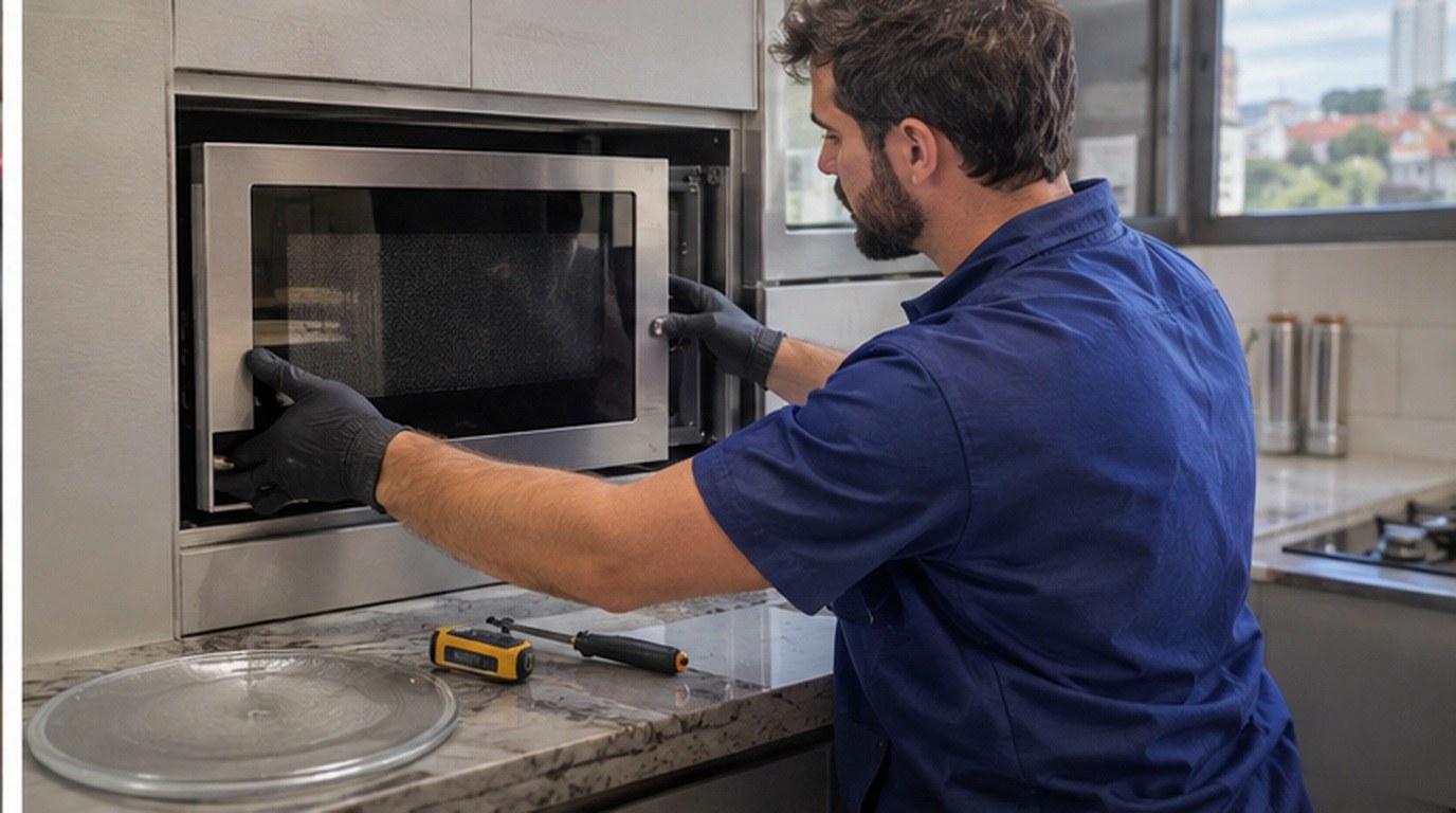 Conserto de micro-ondas de embutir em Aracaju‑SE: técnico encaixando o aparelho no armário