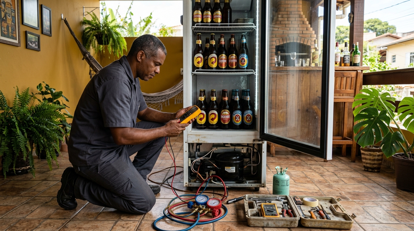 Placa eletrônica de cervejeira em reparo na bancada no Bugio, Aracaju‑SE