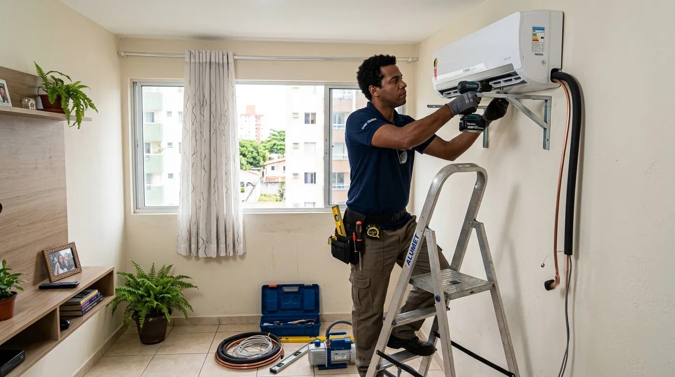 Técnico instalando ar-condicionado split em residência em Aracaju‑SE