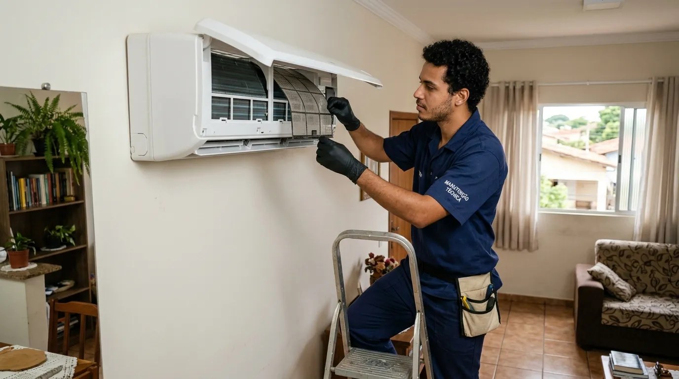 Técnico fazendo limpeza e higienização de ar-condicionado split em Aracaju‑SE