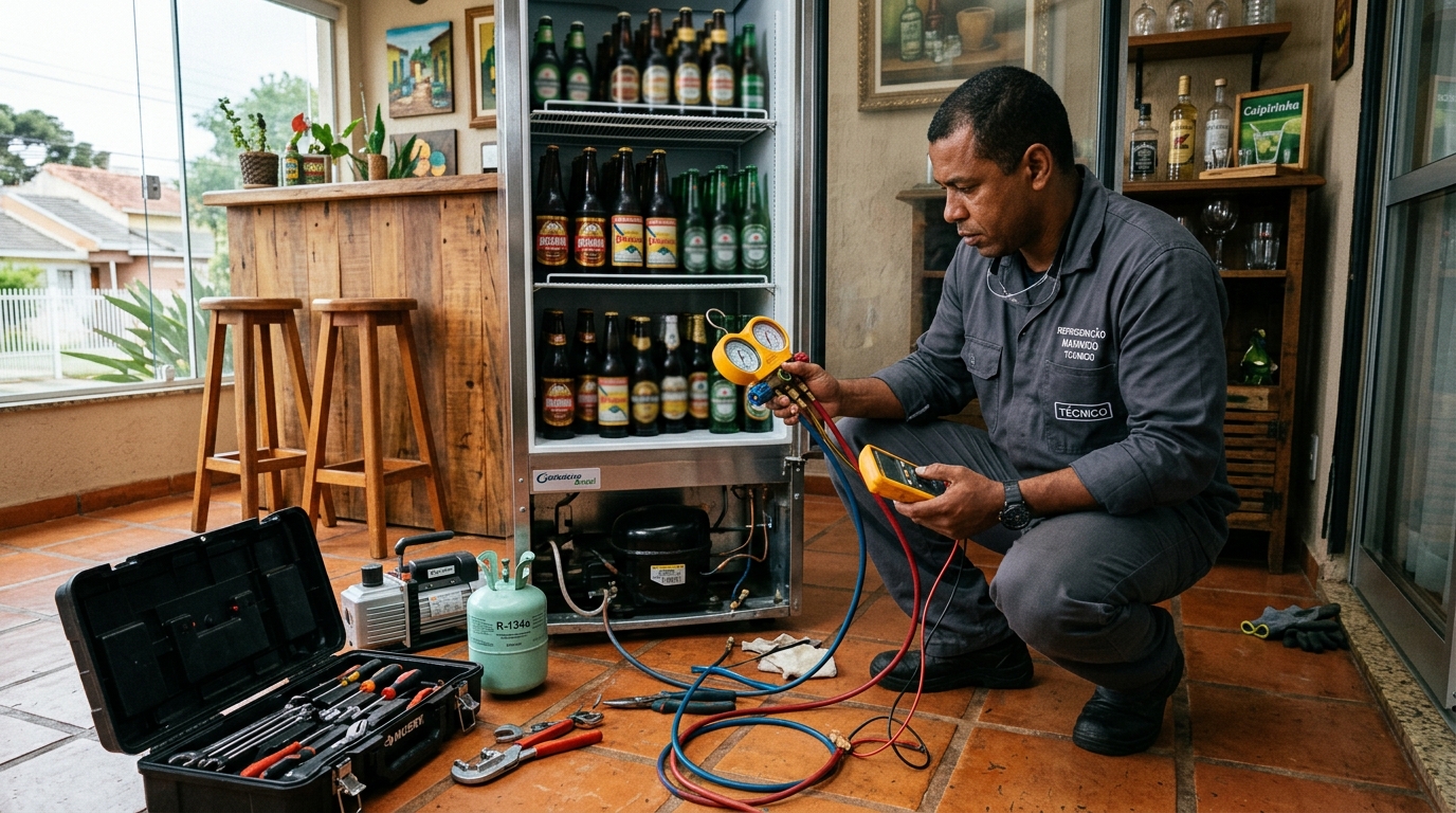 Técnico revisando o motor de uma cervejeira durante chamado no Bugio, Aracaju‑SE