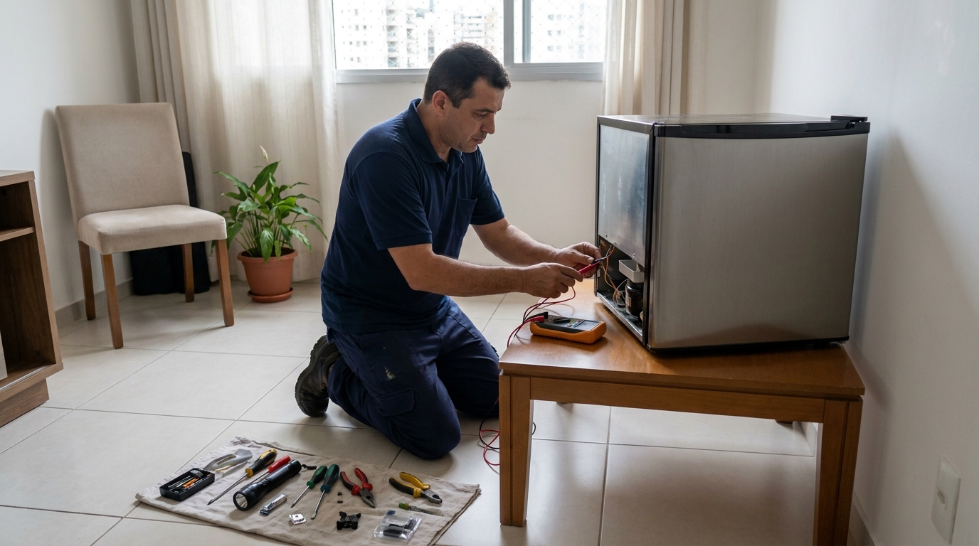 Técnico revisando o motor de um frigobar em Aracaju‑SE