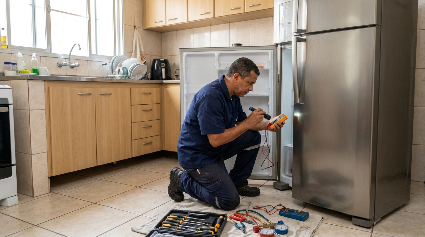 Técnico fazendo recarga de gás em geladeira de cliente em Aracaju‑SE