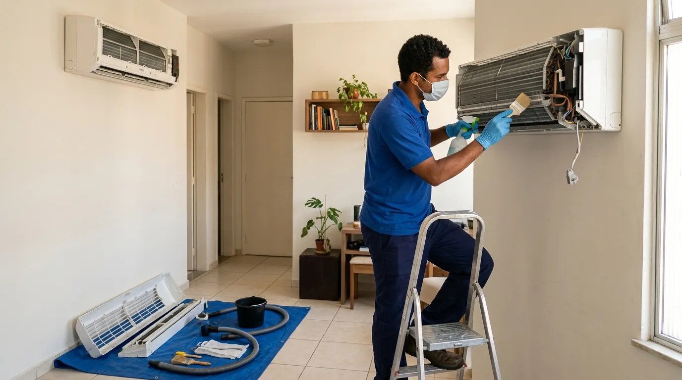 Técnico fazendo manutenção de ar-condicionado split em Aracaju‑SE